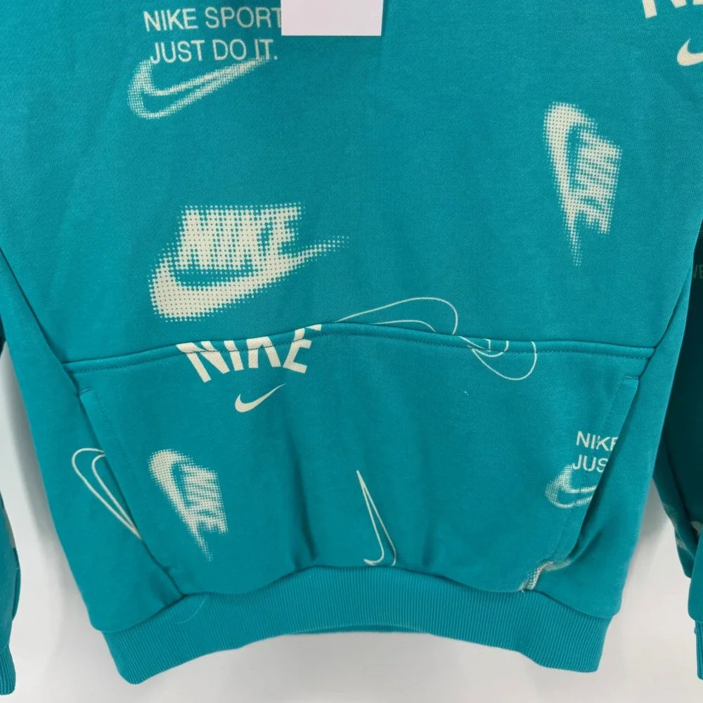 Nike Kids Hoodie Turquoise All Over Logo Print Graphic Sweatshirt Size Large NEW